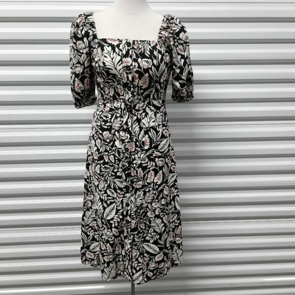 BCBGMAXAZRIA Dress Womens 0 Black White Floral Linen Blend Button Front Midi - Picture 1 of 10